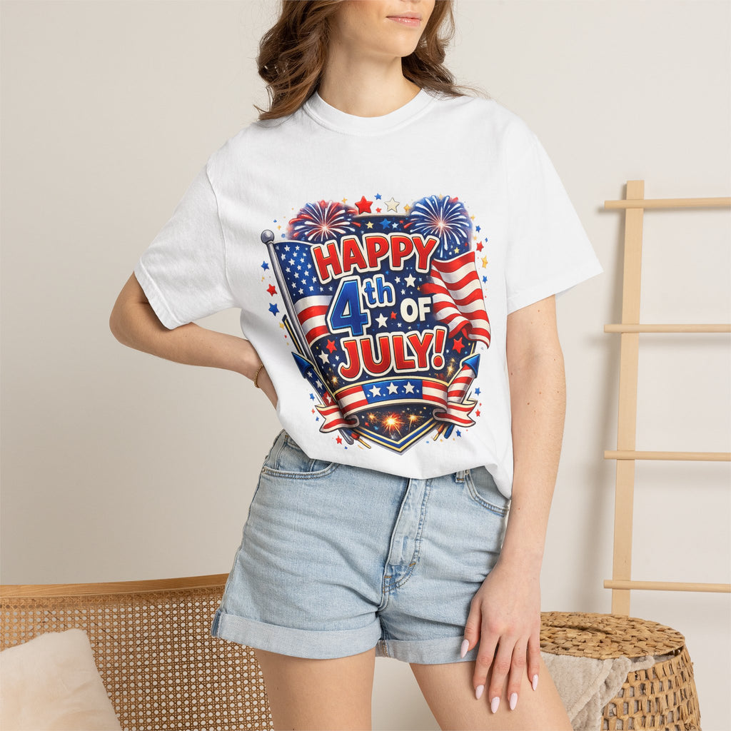 4th of July T-Shirt - "Happy 4th of July" Patriotic Fireworks American Flag Tee