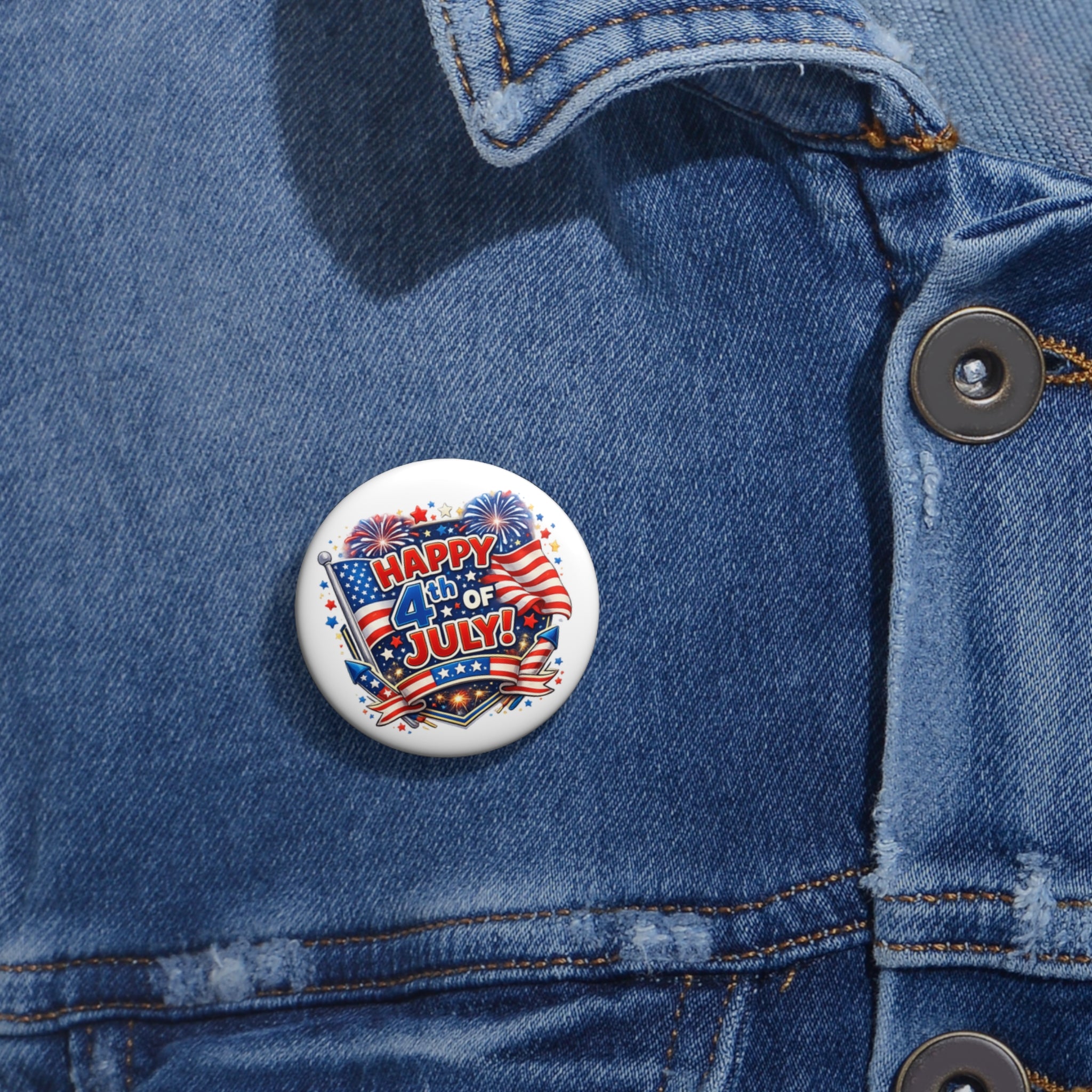 Happy 4th of July Pin Button — American Flag Celebration Badge
