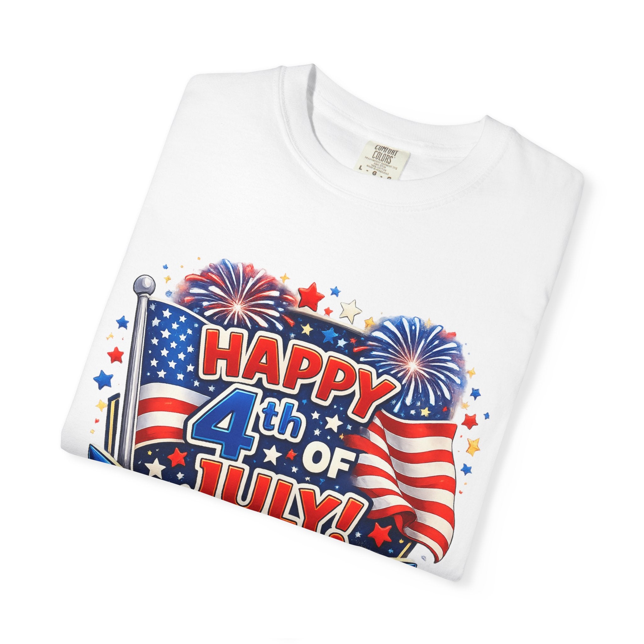 4th of July T-Shirt - "Happy 4th of July" Patriotic Fireworks American Flag Tee