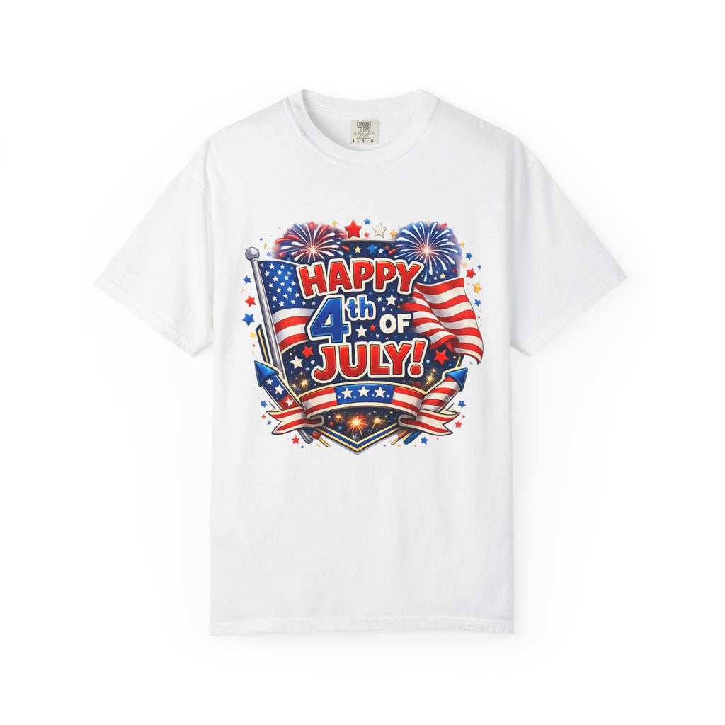 4th of July T-Shirt - "Happy 4th of July" Patriotic Fireworks American Flag Tee