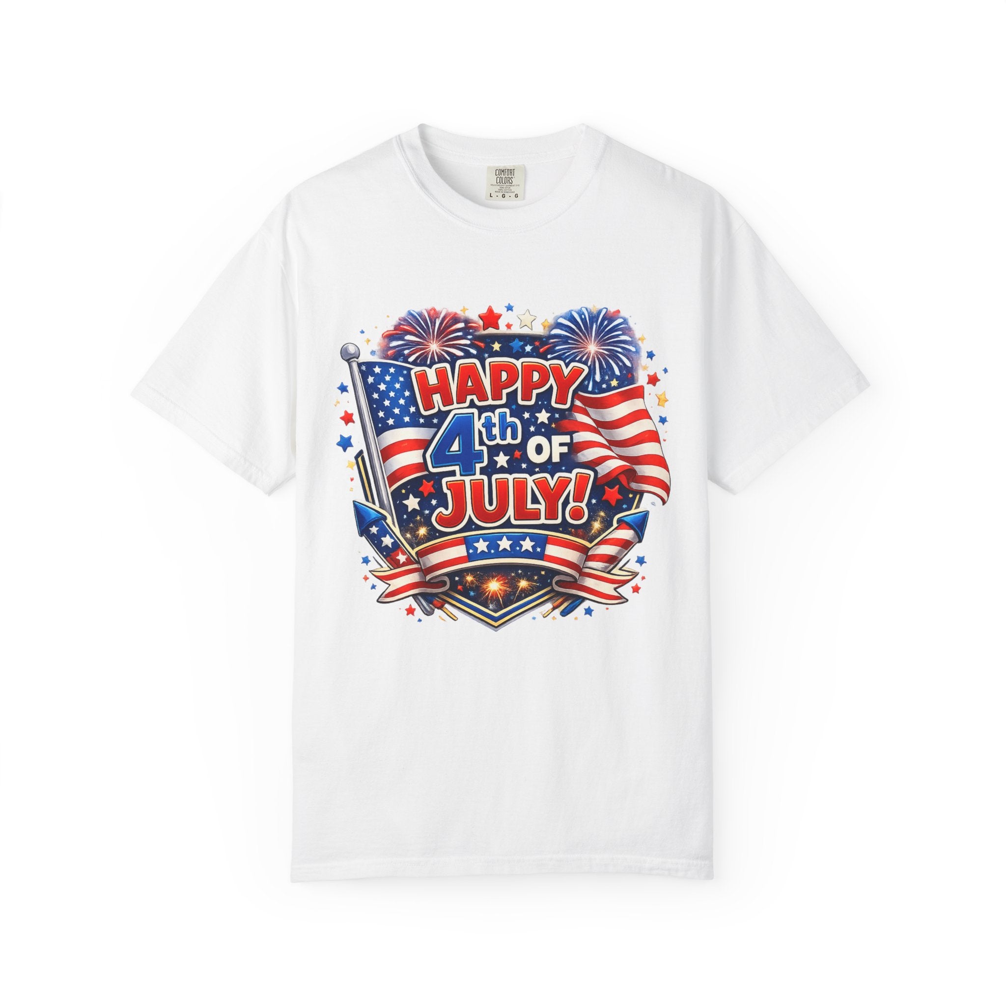 4th of July T-Shirt - "Happy 4th of July" Patriotic Fireworks American Flag Tee